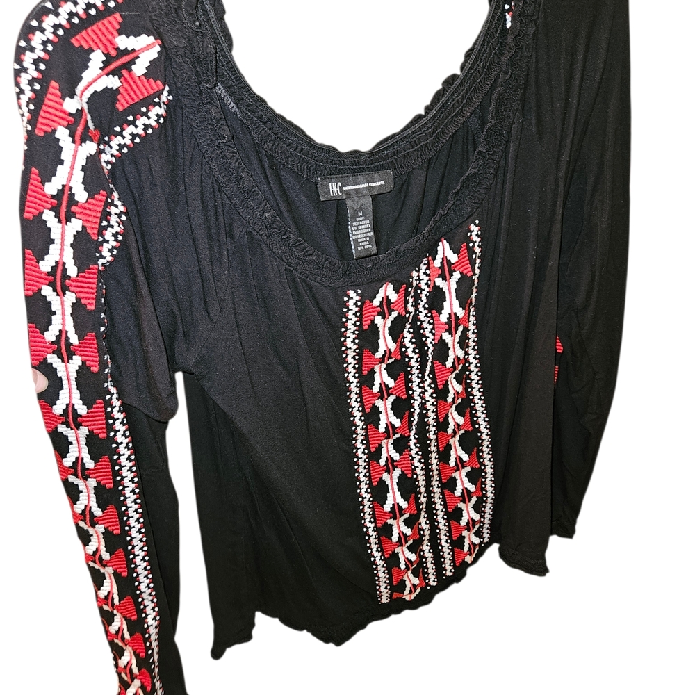 INC Black and Red Embroidered Women's Top